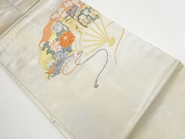 リサイクル　檜扇に御所車・花々模様織出し名古屋帯